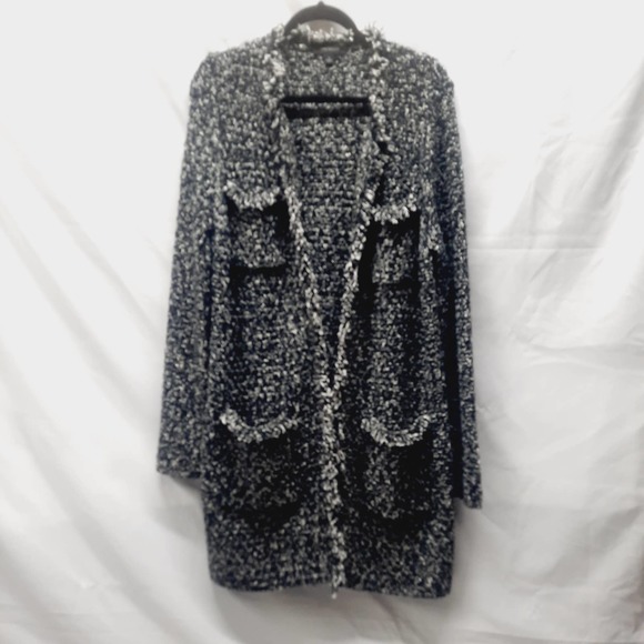 Ann Taylor Black White Marled Heavy Long open front cardigan with 4 pockets Lg - Picture 1 of 6
